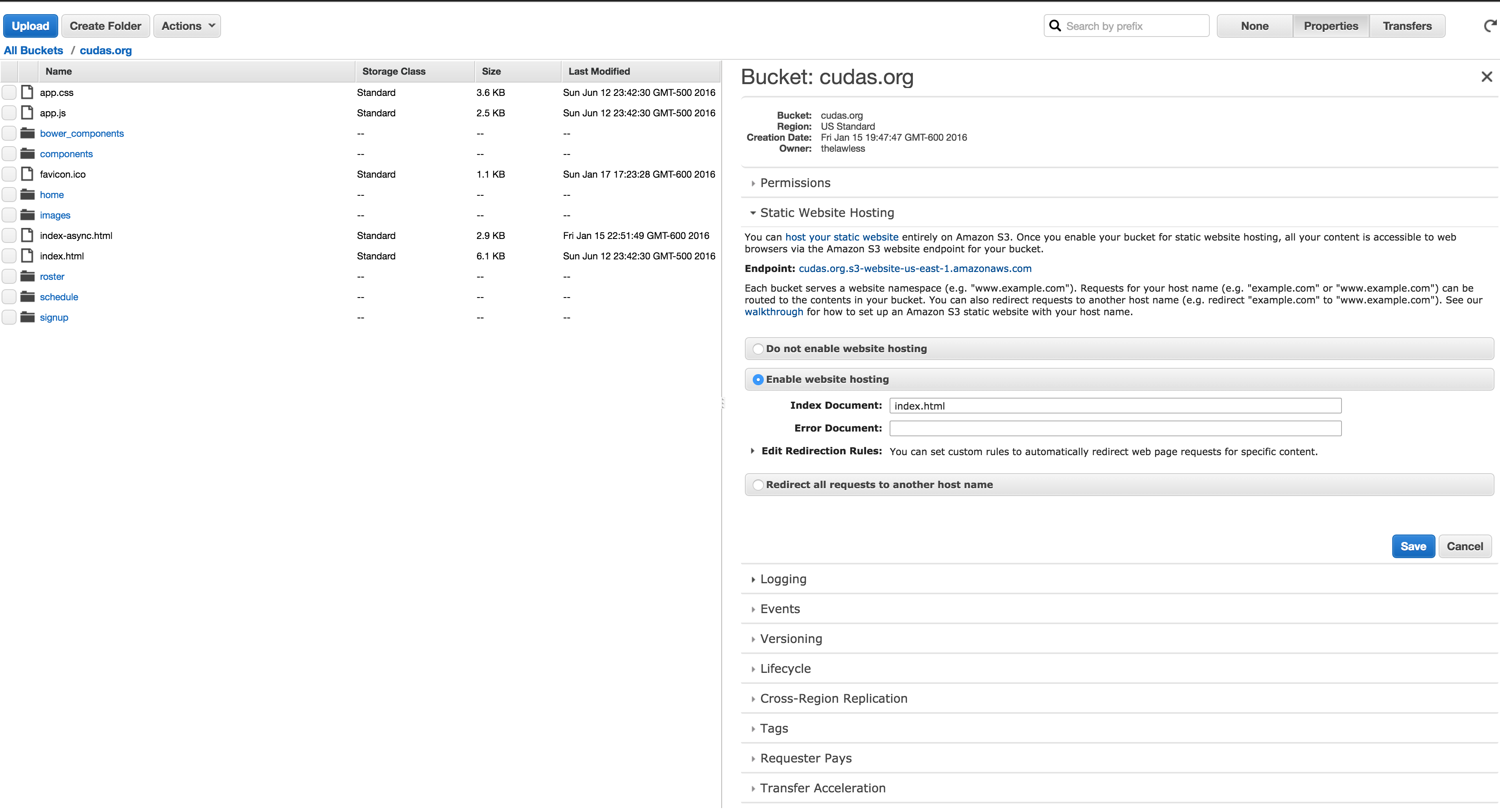 s3 admin static website configuration